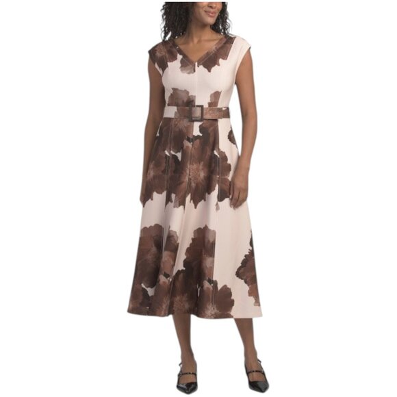 CALVIN KLEIN Belted V-neck Floral Scuba Midi Dress - Picture 1 of 2